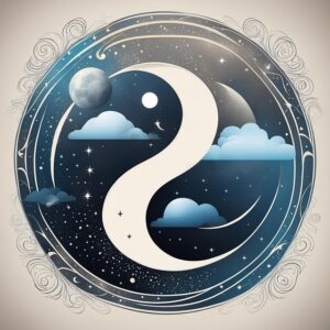 An artistic and stylized Yin-Yang symbol depicted within a circular frame, featuring celestial elements like the moon, stars, and clouds