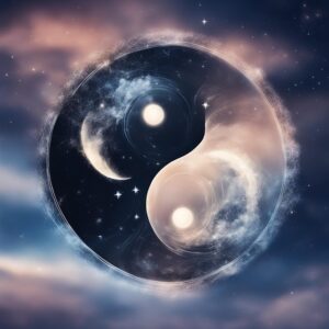  artistic rendering of a Yin-Yang symbol, where one half represents a night sky with a crescent moon and stars, and the other half represents a day sky with a bright sun