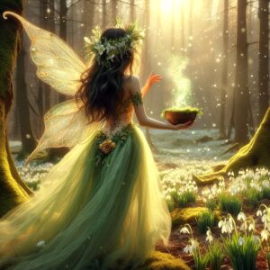 A magical fairy with long brown hair, a green dress, and glowing wings stands in a sunlit forest, holding a bowl that emits a green glow