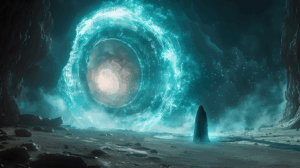 hooded figure stands before a glowing, teal portal in a rocky, cavernous landscape
