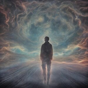 silhouette of a person standing, looking forward, against a vast, ethereal backdrop of swirling cosmic dust and stars in shades of blue, orange, and purple, giving a sense of wonder or journey
