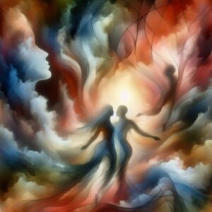 AI-generated image of an abstract and ethereal scene with two figures, possibly a couple, in the center, surrounded by swirling, soft forms and colors suggesting clouds or flowing fabric