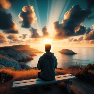 a person sitting on a bench overlooking a vast ocean and rugged coastline