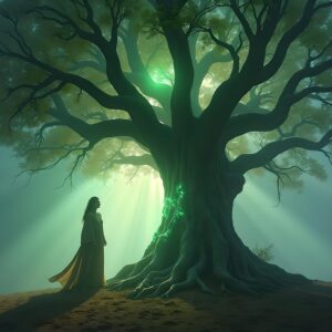 AI-generated image features a woman standing before a large, ancient-looking tree with sprawling roots and branches, bathed in mystical green light and sun rays