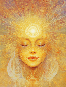 a face with closed eyes and a serene expression, surrounded by intricate golden and yellow patterns, with a bright light emanating from the forehead