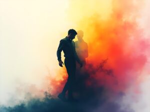 a man in profile, seemingly walking forward, with a faint, transparent reflection or second figure behind him, all set against a vibrant, swirling background of colorful smoke or clouds in shades of yellow, orange, red, and dark blue