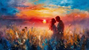 couple kissing with sunset background