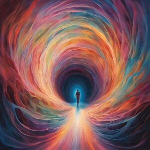 A single figure walks down a bright, narrow path toward a glowing light at the end of a vortex of swirling, colorful energy