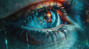 A close-up, highly detailed image of an eye, where the iris features digital or circuit-like patterns and a bright, glowing central point