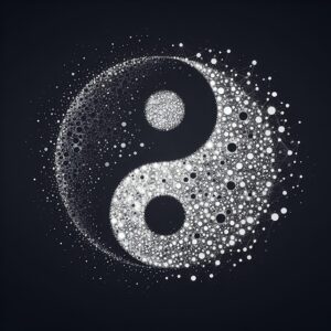 An artistic rendition of the Yin and Yang symbol is composed of numerous small dots and interconnected lines