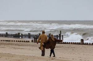 Two people in warm coats walk along a sandy beach with their backs to the viewer