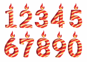 A set of red and yellow striped 3D numeric candles (0-9) with flames