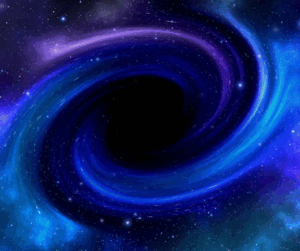 a swirling cosmic scene with a central black void, surrounded by vibrant blue and purple nebulae and stars