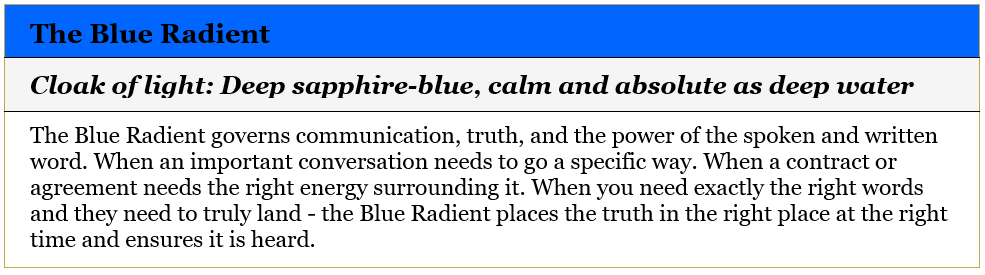 An informational card titled "The Blue Radient" with descriptive text.