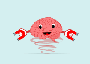cartoon illustration of a happy, pink brain character with arms holding magnets