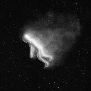 monochrome illustration depicting a glowing, ghost-like figure of a person, seemingly floating or falling