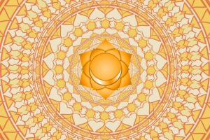 an intricate orange and yellow mandala design, with a central ten-petaled lotus flower symbol, often associated with the Solar Plexus Chakra