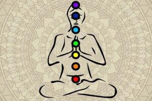 a minimalist line drawing of a meditating figure in a seated lotus position, with the seven main chakras represented by colored circles aligned along the central axis of the body
