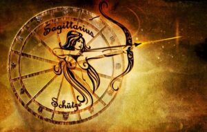 a stylized female archer in the foreground, aiming a bow and arrow with a glowing arrow tip and trail