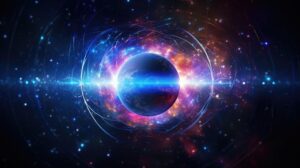 a vibrant and dynamic depiction of a cosmic scene, likely an artistic representation of a planet or celestial body surrounded by energy and light