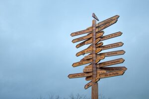 A wooden signpost with numerous directional arrows, each pointing to a different town or location with a corresponding distance in kilometers
