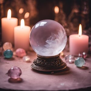 crystal ball surrounded by gem stones and lighted candles