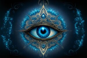 a mystical or spiritual depiction of an eye, centrally located and intensely blue, surrounded by intricate golden and blue ornate patterns