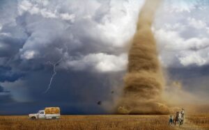 A large, swirling dust devil or tornado