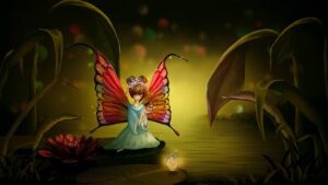 beautiful fairy with large, colorful wings and a teal dress sits on a lily pad in a mystical, dimly lit pond