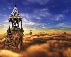 A stone tower with a blue and white patterned dome stands above a sea of clouds
