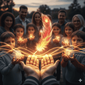 Phoenix feather glowing in open hands, radiating blessings outward.