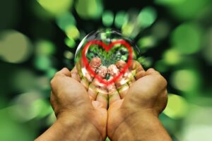 A pair of cupped hands holding a clear sphere with a red heart outline inside