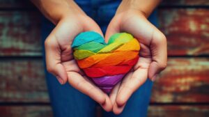 Hand holding glowing heart in pride colors