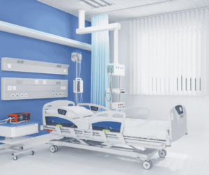 Modern hospital room with adjustable patient bed and medical equipment.