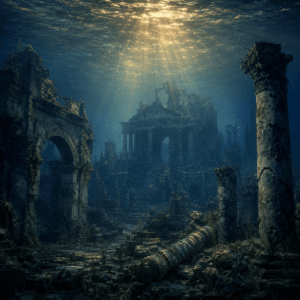 Sunlight streams down onto the ancient stone ruins of an underwater city.