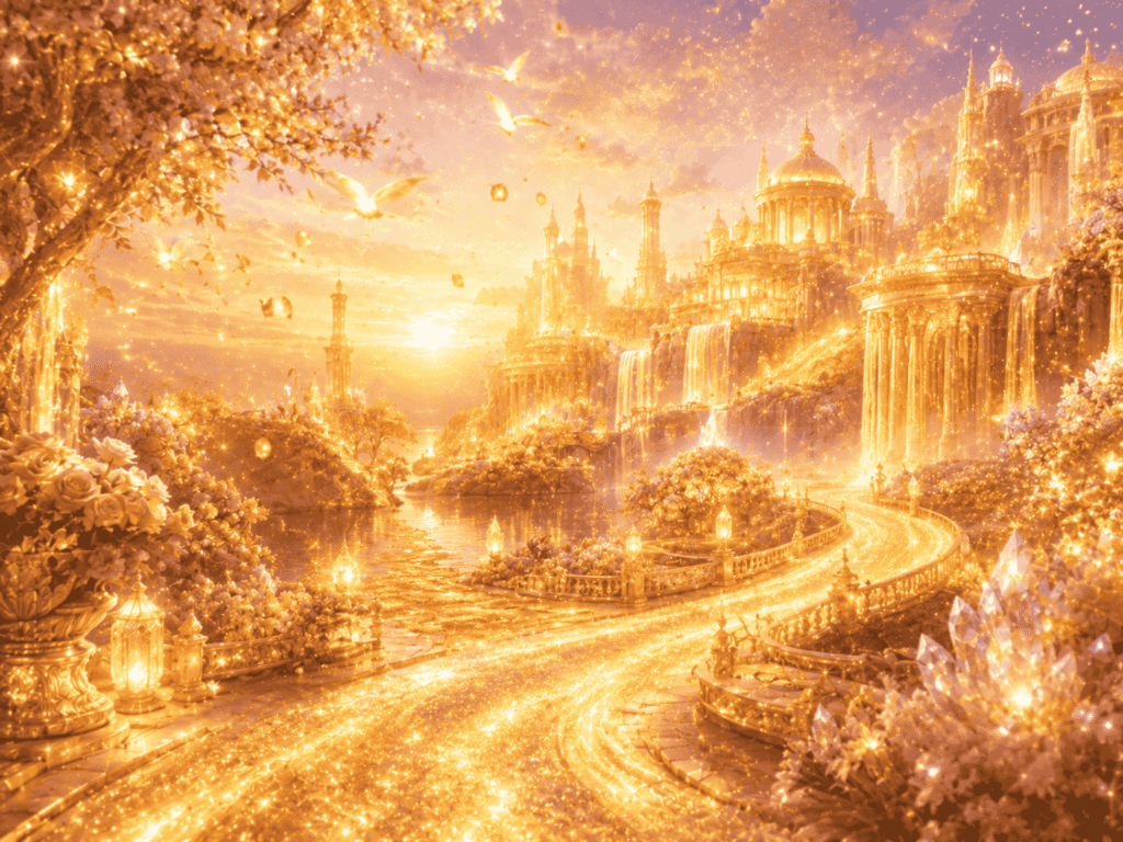 A sprawling golden palace with waterfalls and glowing pathways under a sunset.