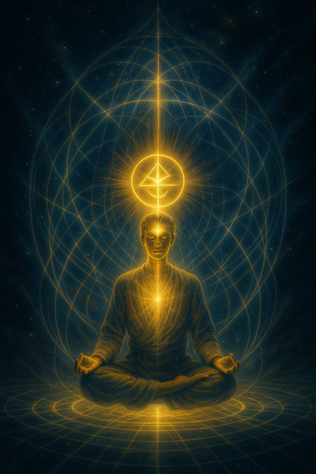 A glowing sacred symbol hovers in front of a meditating figure’s forehead, as soft streams of light pour into their third eye. The starlit background and geometric energy grids suggest soul activation and effortless ascension into the astral realm.