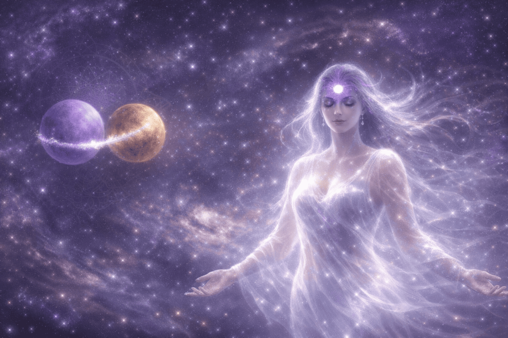 An ethereal woman with glowing purple energy and a light on her forehead stands in space, flanked by two celestial planets connected by a beam of light.