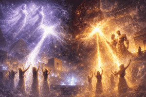 A dramatic cosmic battle scene where ethereal purple figures and golden figures cast beams of light toward a dark, demonic face looming in the clouds above an ancient city.