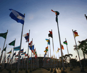 flags of different nations flying on tall white poles against a clear blue sky