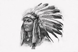 a black and white illustration or engraving of a Native American chief