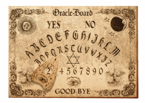 A full view of an intricately designed Oracle Board (Ouija board) with a planchette, displaying the alphabet, numbers, and symbolic imagery