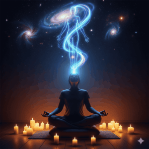 Meditating figure with astral body rising into space.