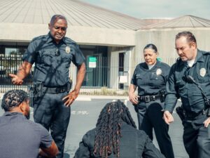 Three police officers speaking with seated individuals outside a concrete building with conical roofs.