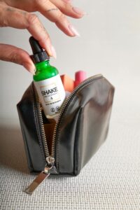 beauty products inside pouch