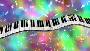 a whimsical, wavy piano keyboard stretching horizontally across the frame