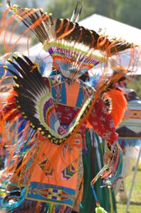 a person dressed in vibrant, elaborate Native American regalia, likely participating in a powwow or cultural event