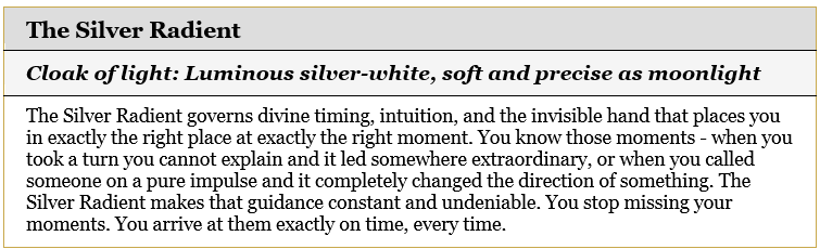 Informational card for "The Silver Radient" describing its energetic attributes and cloak of light.