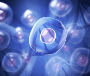 Glowing blue stem cells float alongside double-helix DNA strands.