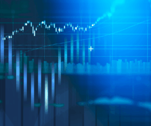 A blue, digitally rendered image of various financial charts and graphs, including a prominent upward-trending line and candlestick chart.